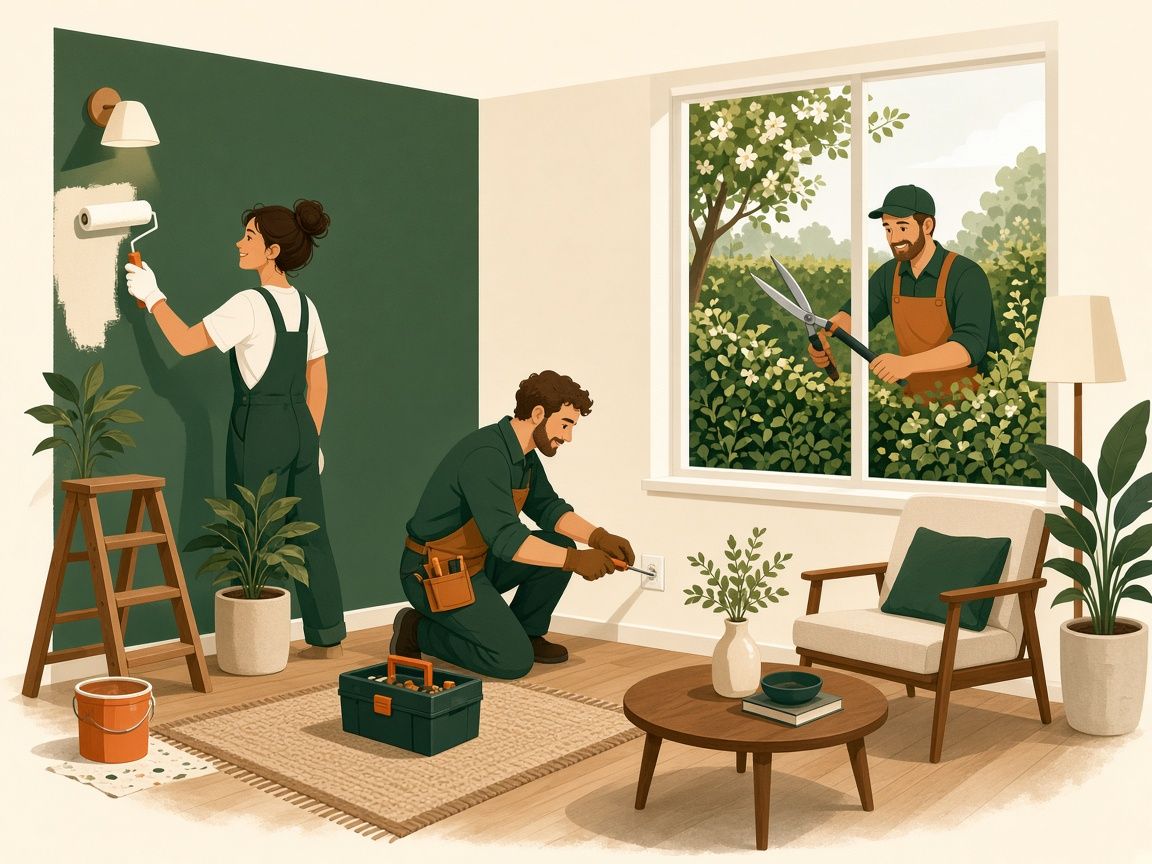 Illustration: Malerin, Elektriker und Gärtner arbeiten gemeinsam in einer Wohnung